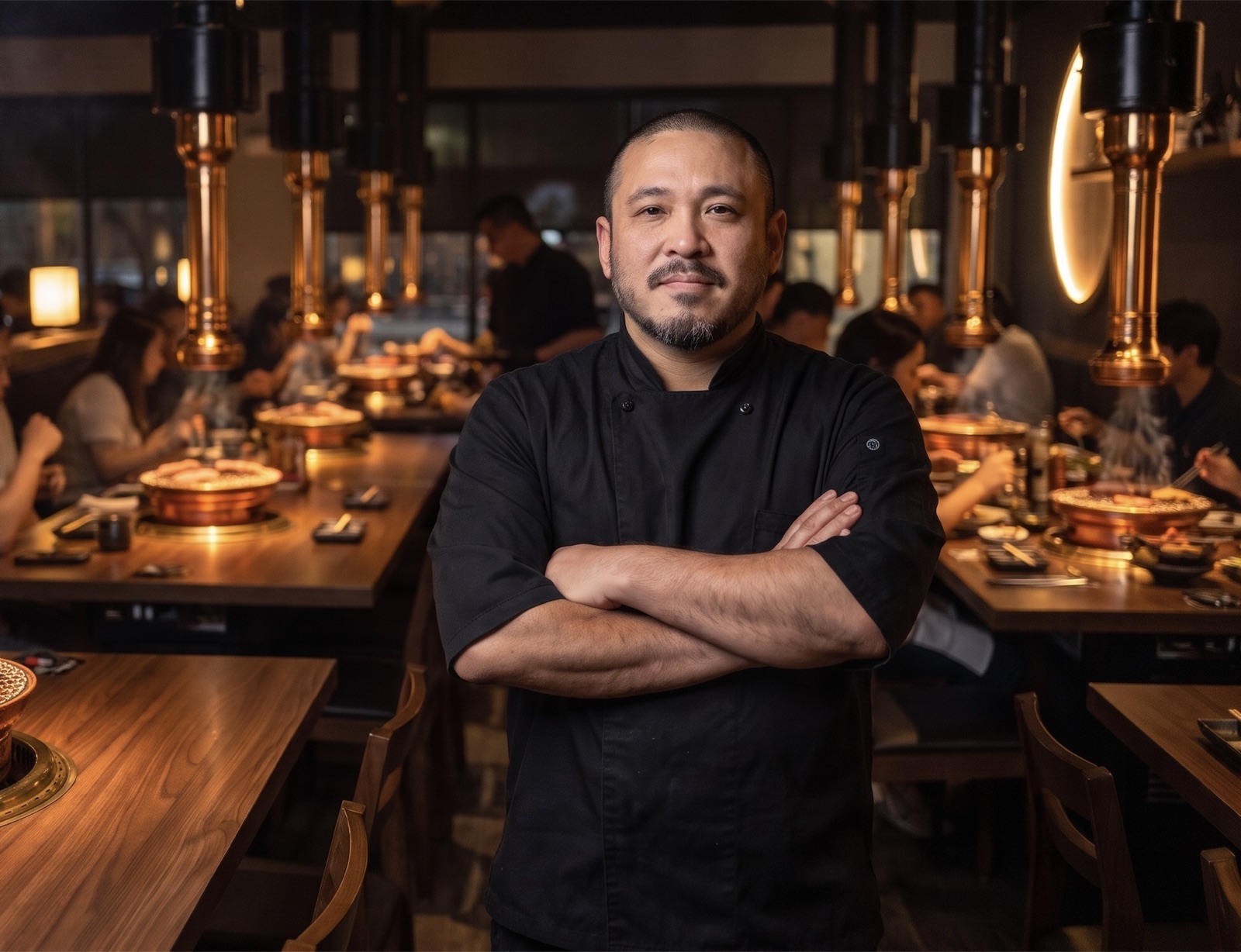 El chef Junzo Miyajima, de brazos cruzados, en un concurrido comedor de yakiniku bajo campanas de cobre