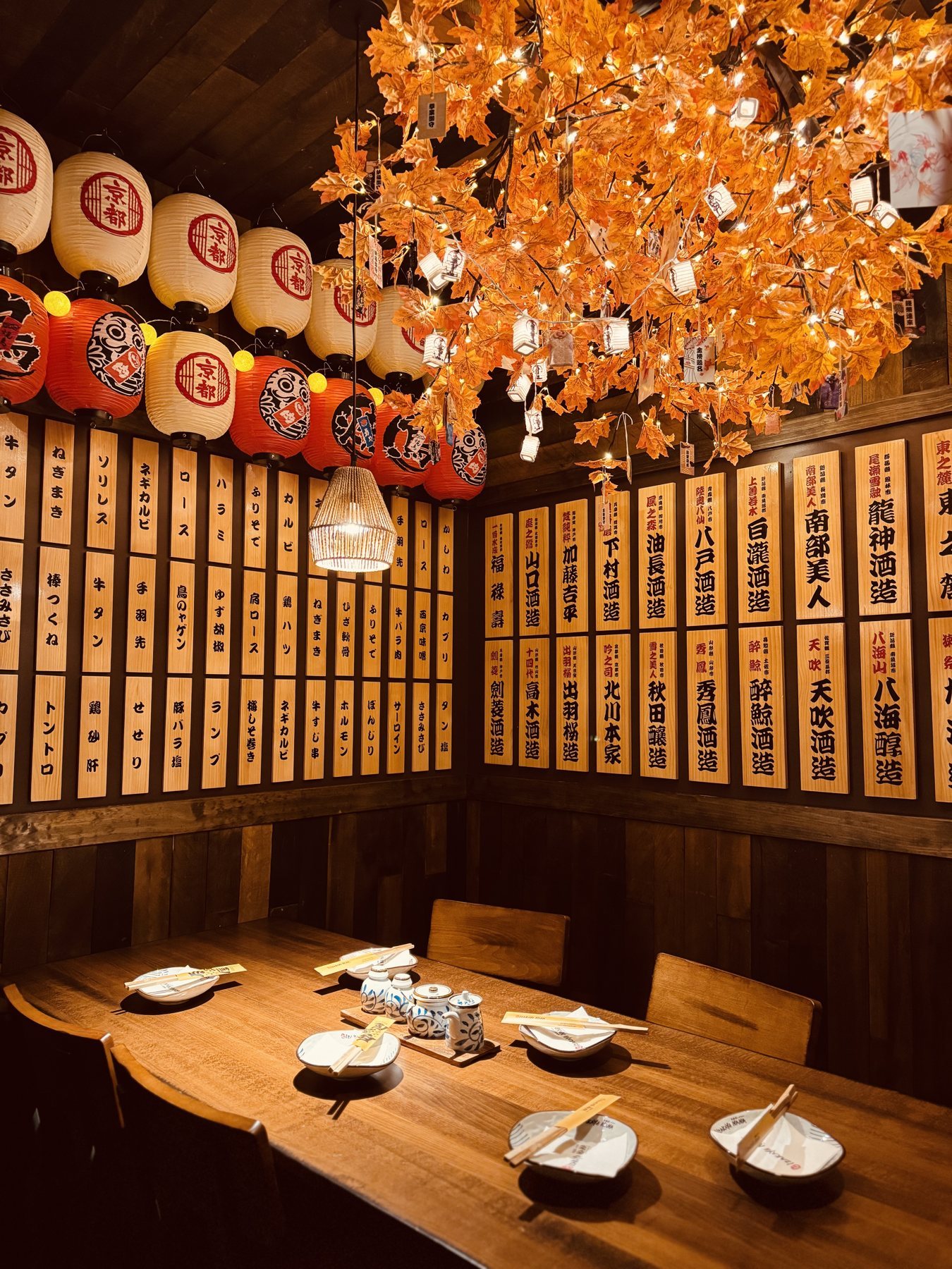 La Yakitori Room de Izakaya Nana, con etiquetas de menú de madera y faroles de papel