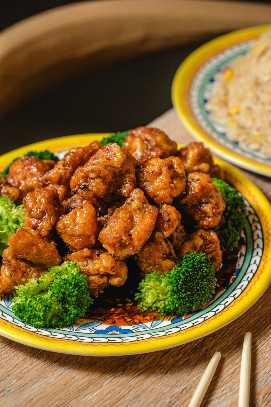 General Tso's chicken with broccoli, with fried rice and spring rolls