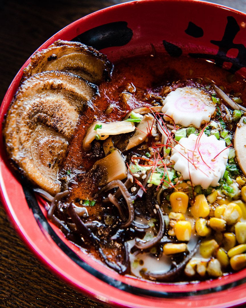 Akira Volcano Ramen with chashu, corn, wood ear mushrooms and a spicy red broth