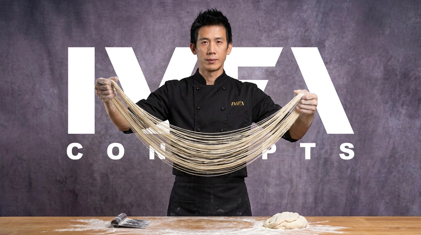AI-generated portrait of Noodle Master Chef Zaifu Li in the IVEA chef uniform, stretching super thin hand-pulled noodles