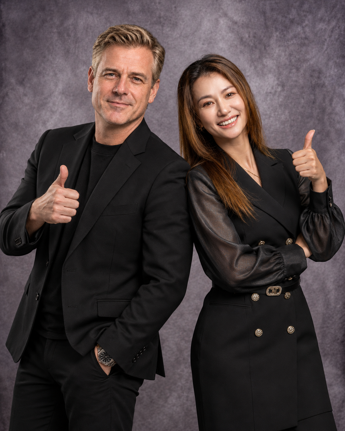 AI-generated playful portrait of IVEA co-CEO Atlas Gate and Vivian Zhu giving thumbs up, from the IVEA team page